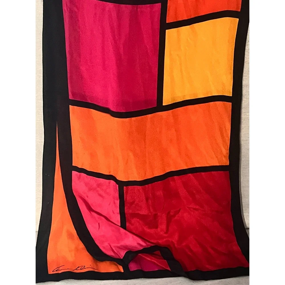 Anne Klein Vintage Silk Scarf Red Pink Orange Colorblock Geometric Oblong Wrap